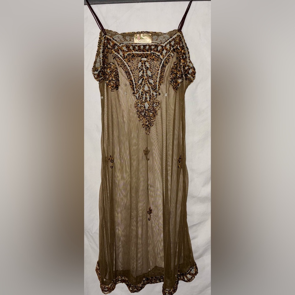 Bonnie Strauss Y2K Sheer Beaded Slip Dress Top Shirt Olive Large New With Tag